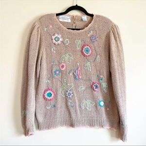 PORTRAITS by Northern Isles Hand Knit Floral Embroidered Sweater Size M